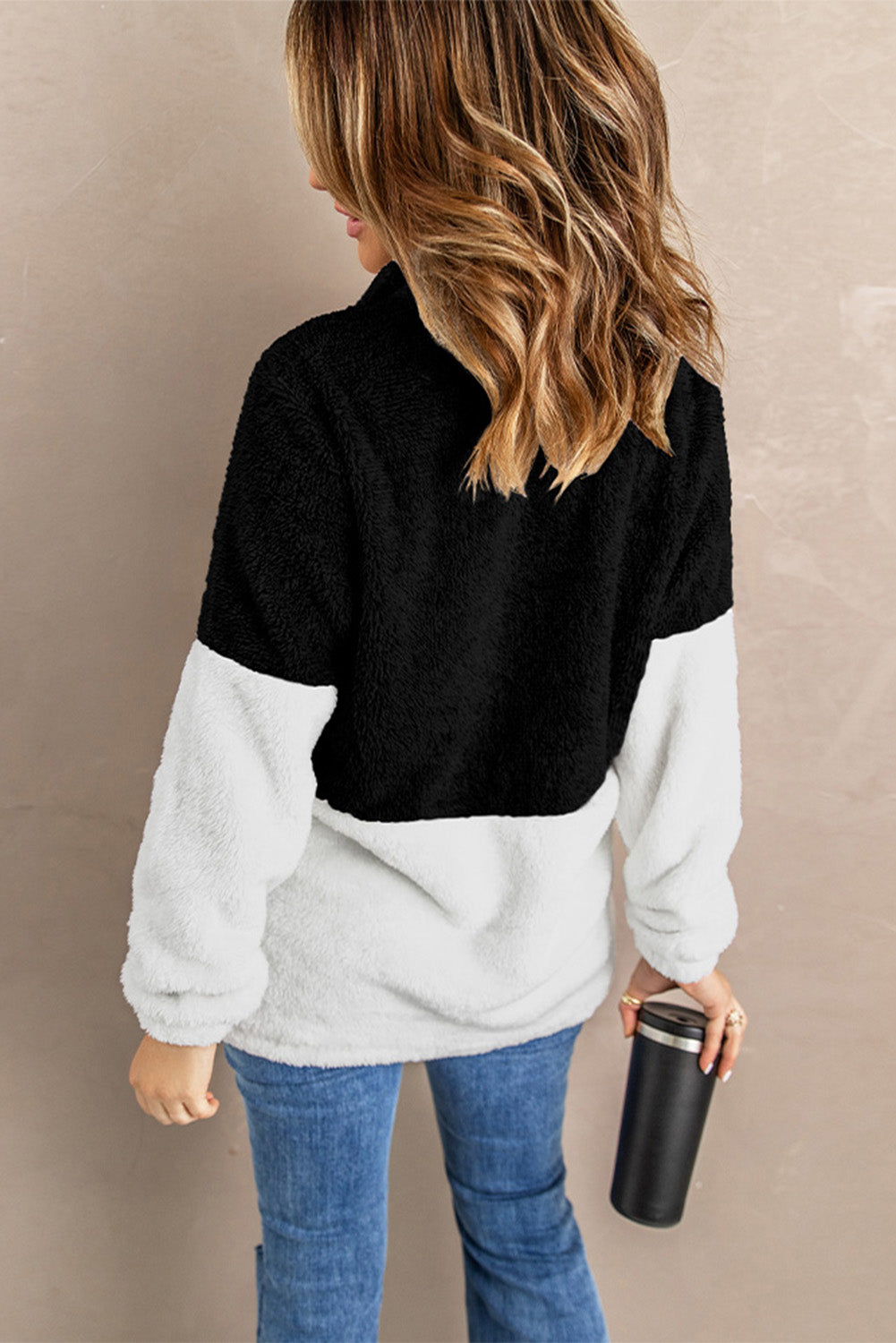 Brown Zip Neck Oversize Fluffy Fleece Pullover