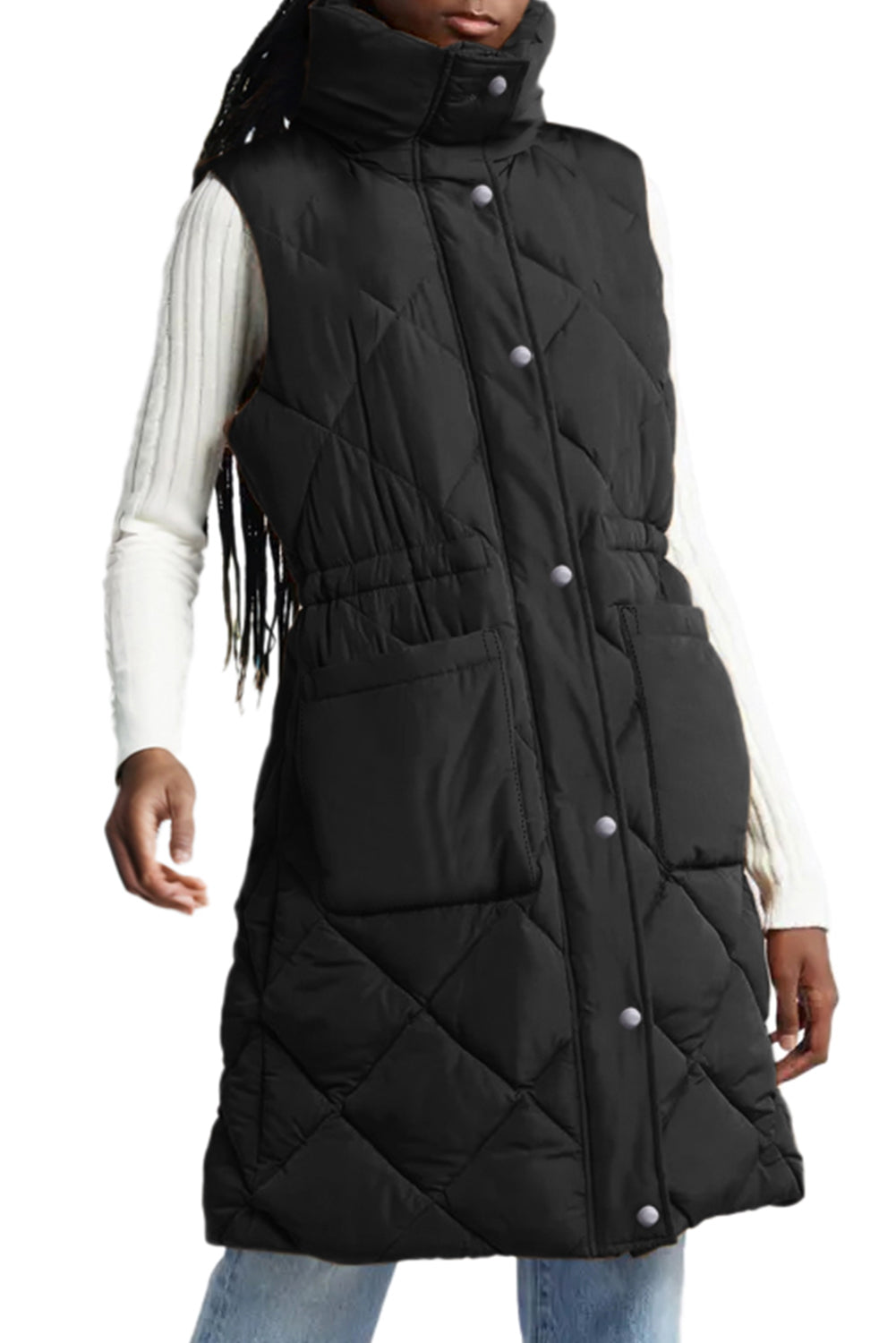 Coffee Longline Quilted Stand Collar Puffer Vest