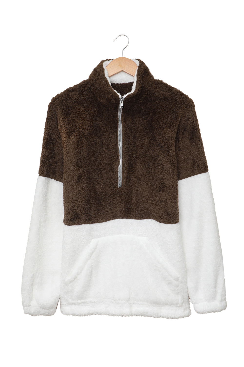 Brown Zip Neck Oversize Fluffy Fleece Pullover