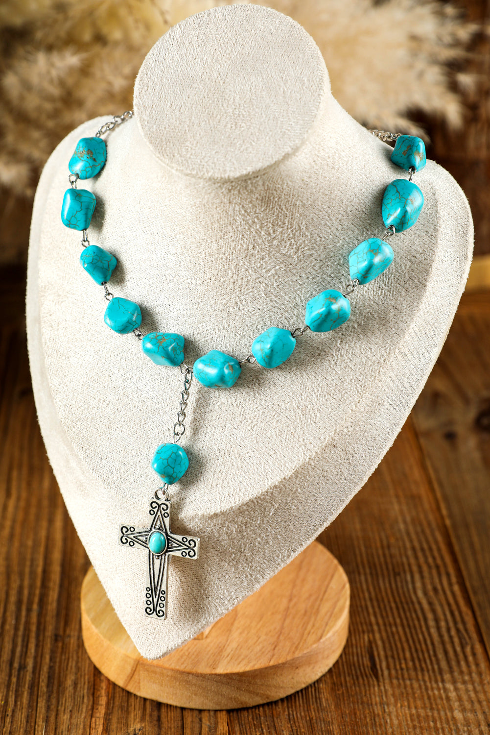 Peacock Blue Turquoise Cross Pendant Necklace