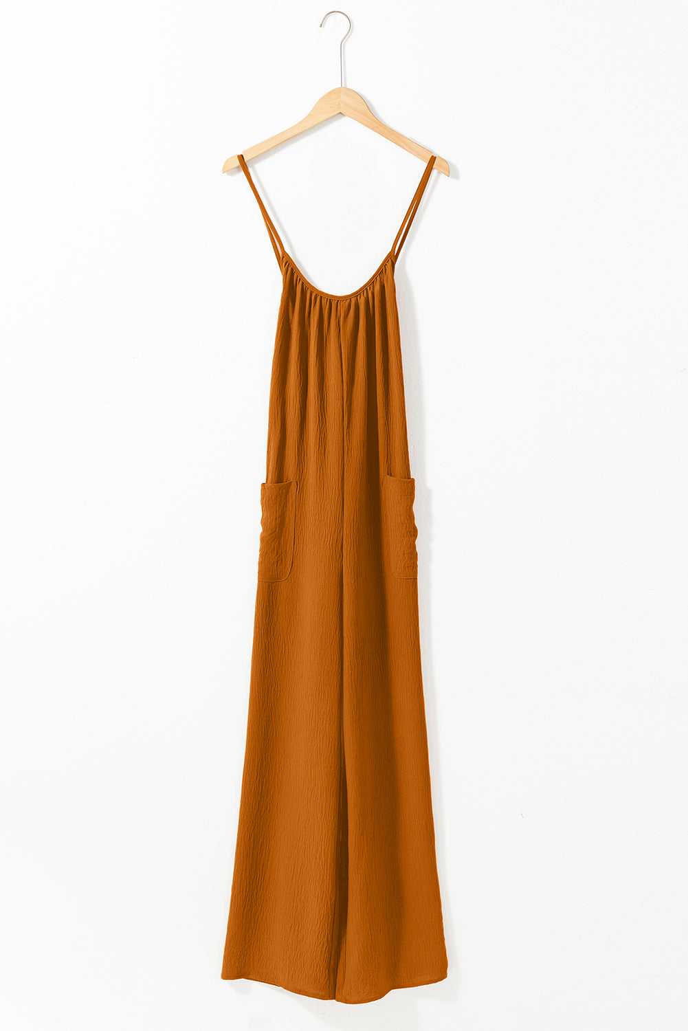 Apricot Spaghetti Straps Waist Tie Wide Leg Jumpsuit with Pockets