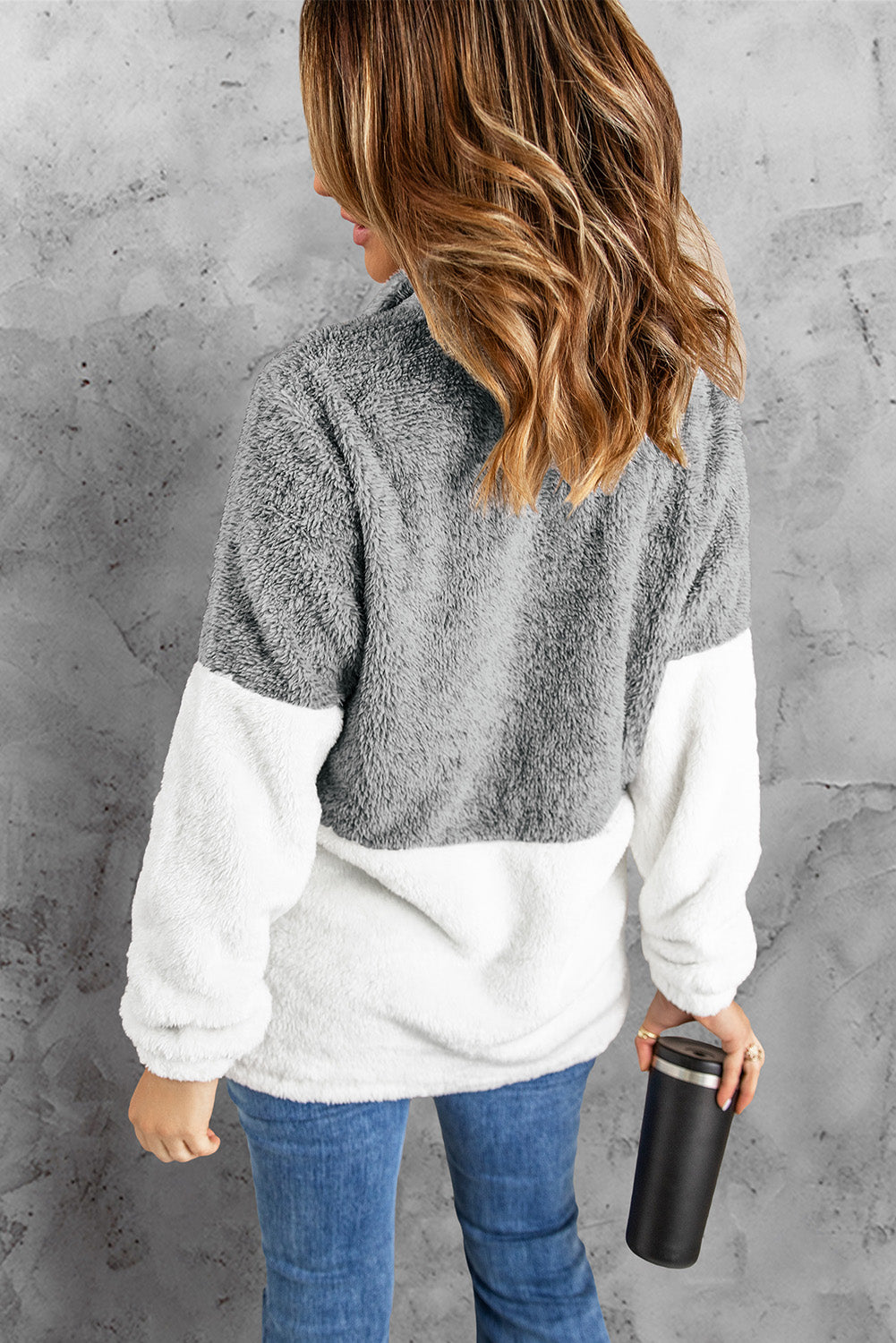 Brown Zip Neck Oversize Fluffy Fleece Pullover