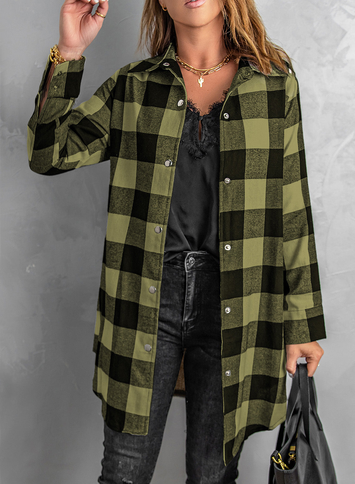 Fiery Red Turn-down Collar Plaid Shirt Coat