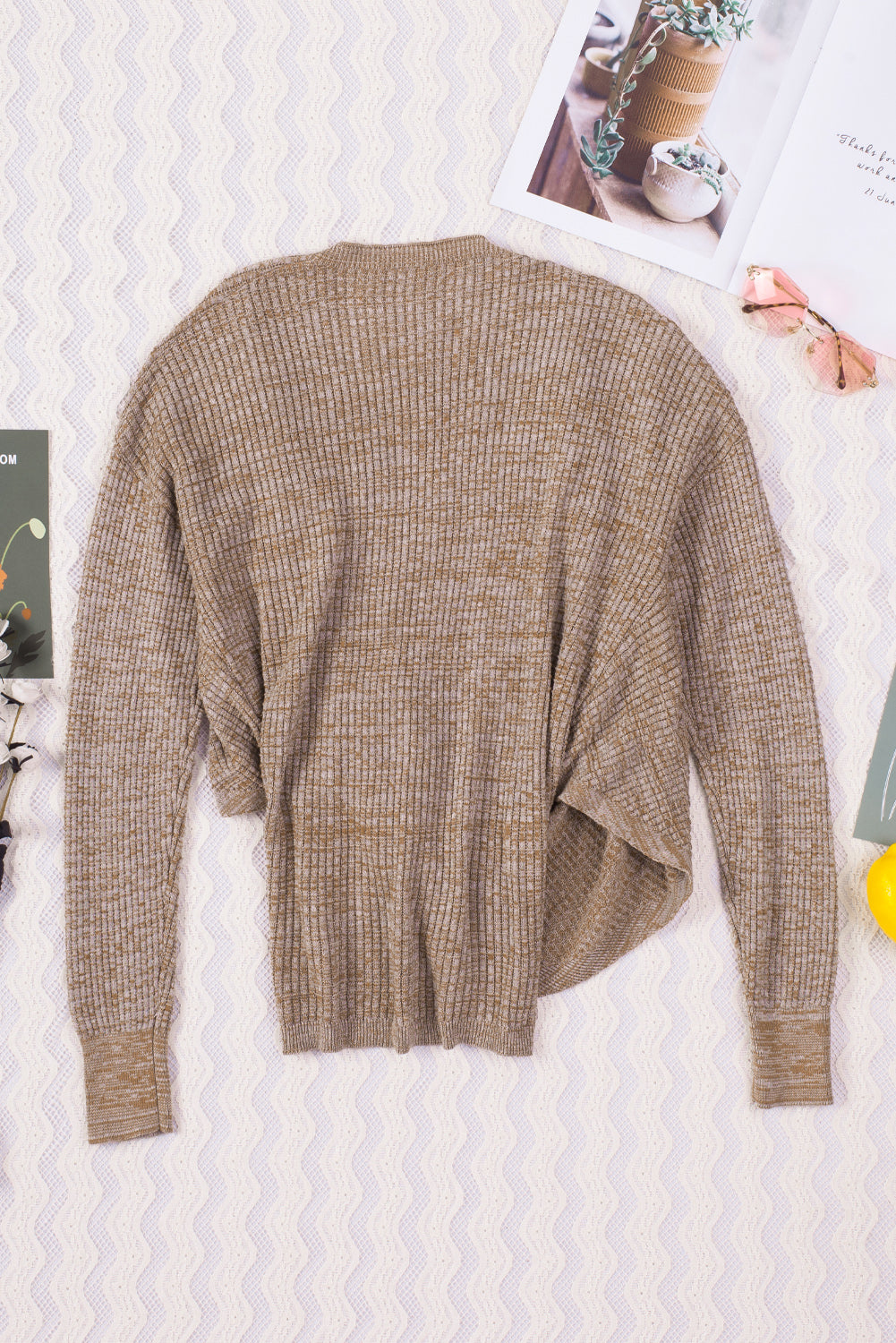 Khaki Wrap V Neck Waffle Sweater