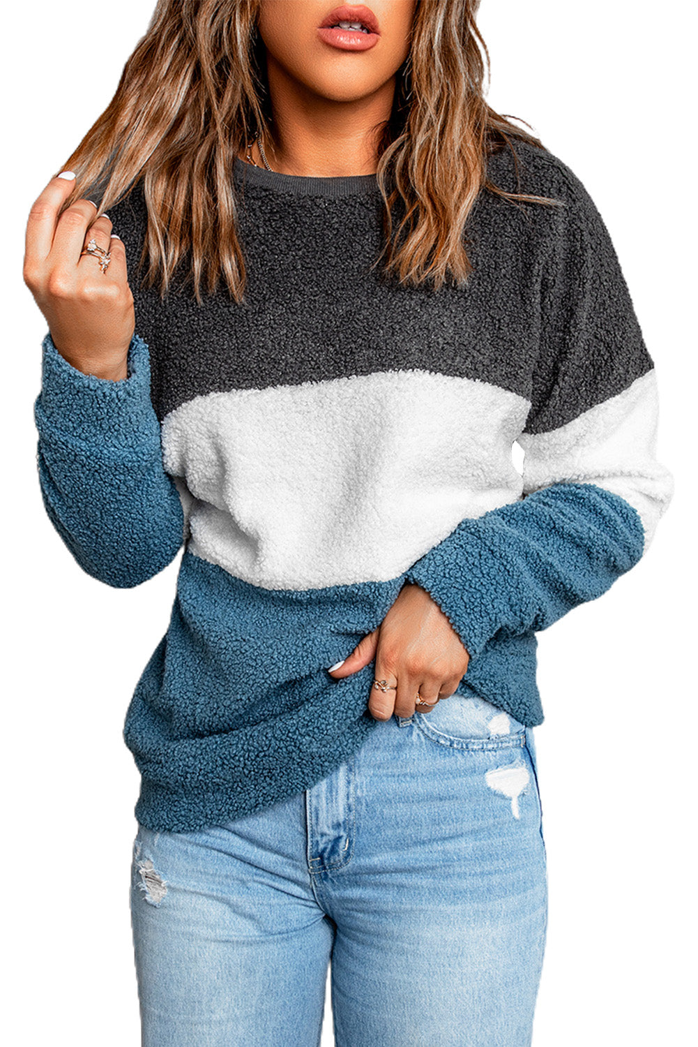 Gray Oversized Colorblock Plush Sweatshirt