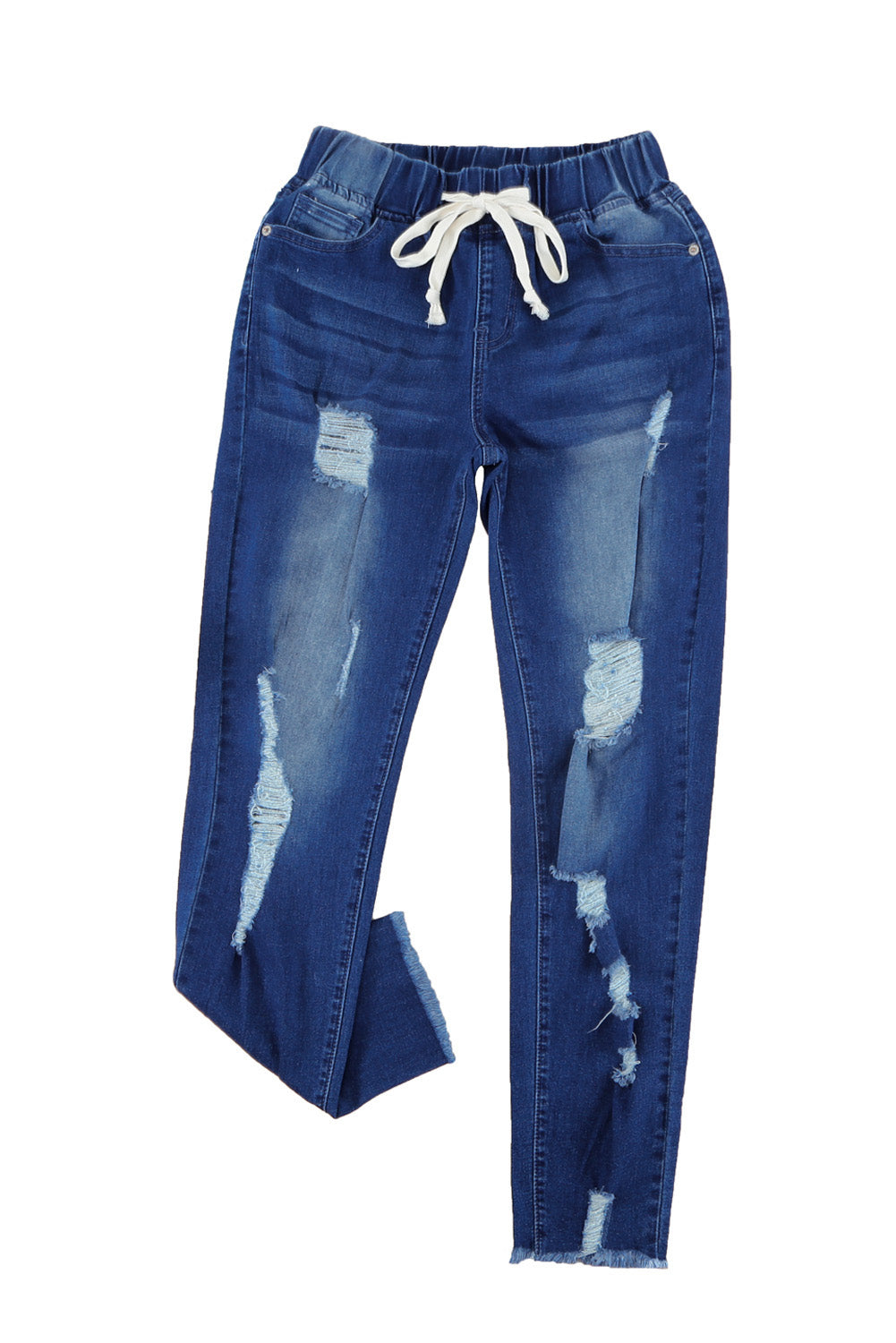 Sky Blue Drawstring Elastic Waist Hole Ripped Jeans