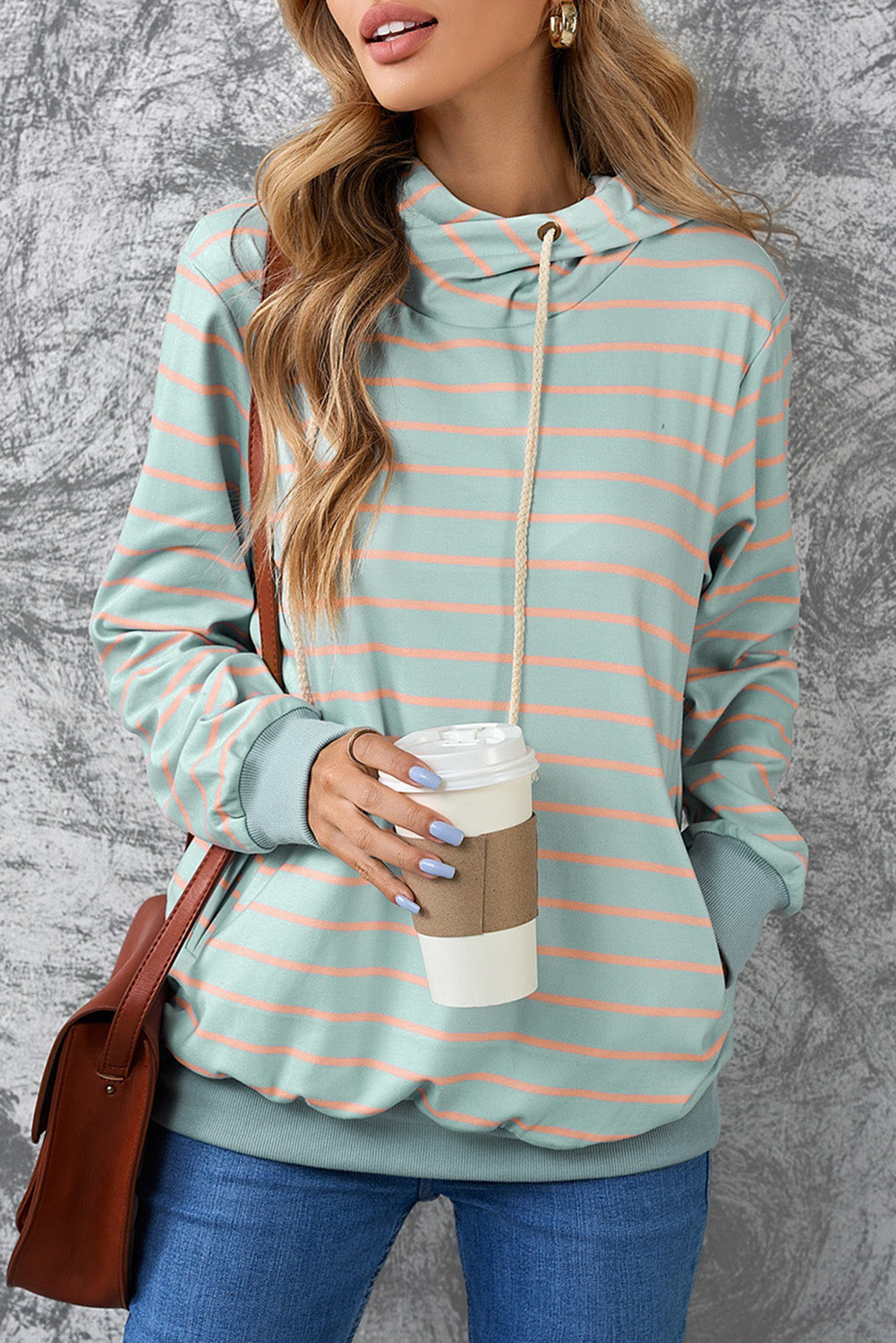 Green Striped Turtleneck Hoodie with Pocket