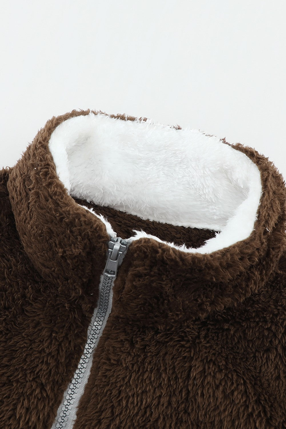 Brown Zip Neck Oversize Fluffy Fleece Pullover