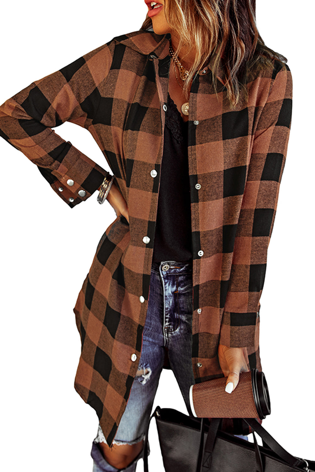 Fiery Red Turn-down Collar Plaid Shirt Coat