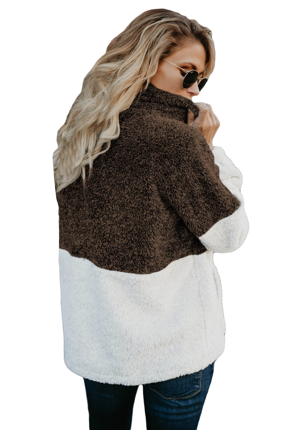 Brown Zip Neck Oversize Fluffy Fleece Pullover