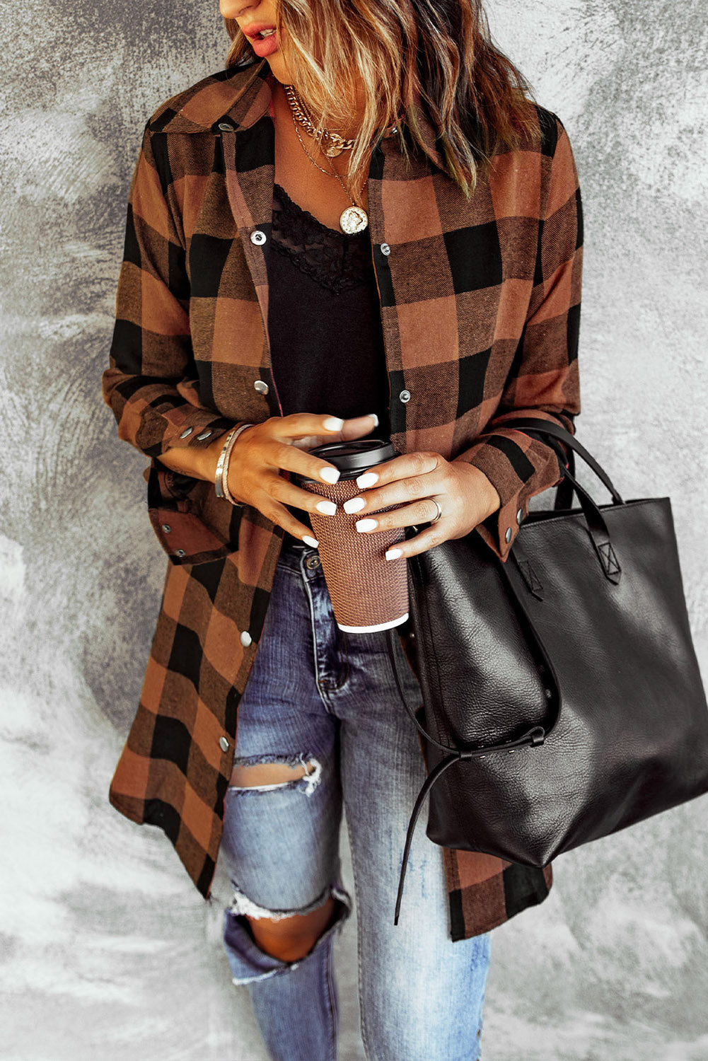 Fiery Red Turn-down Collar Plaid Shirt Coat