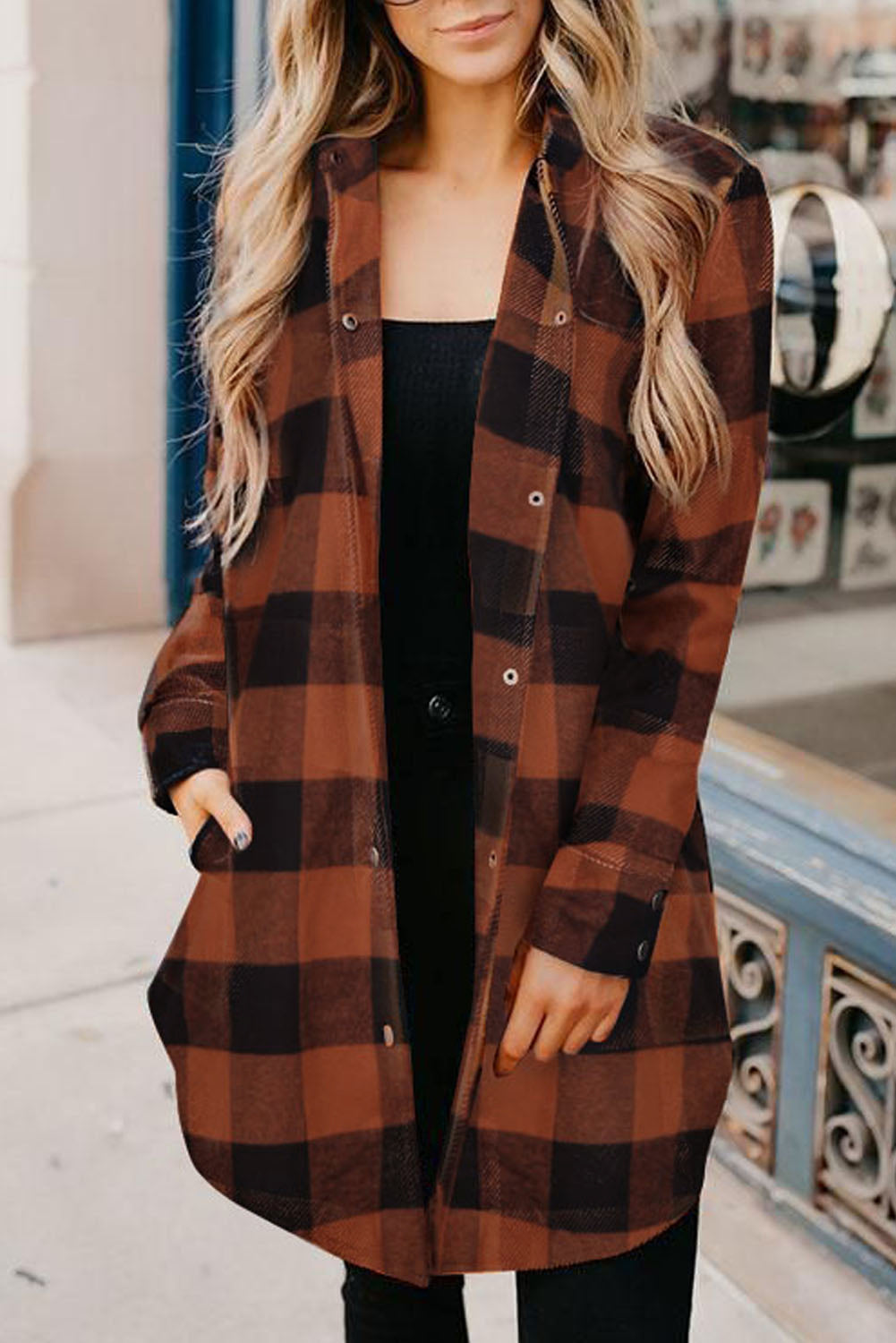 Fiery Red Turn-down Collar Plaid Shirt Coat