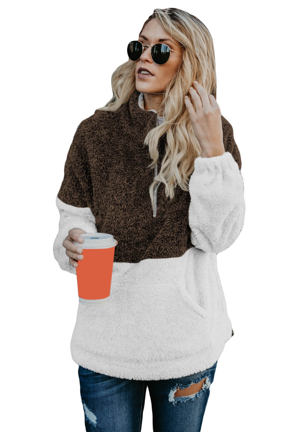 Brown Zip Neck Oversize Fluffy Fleece Pullover