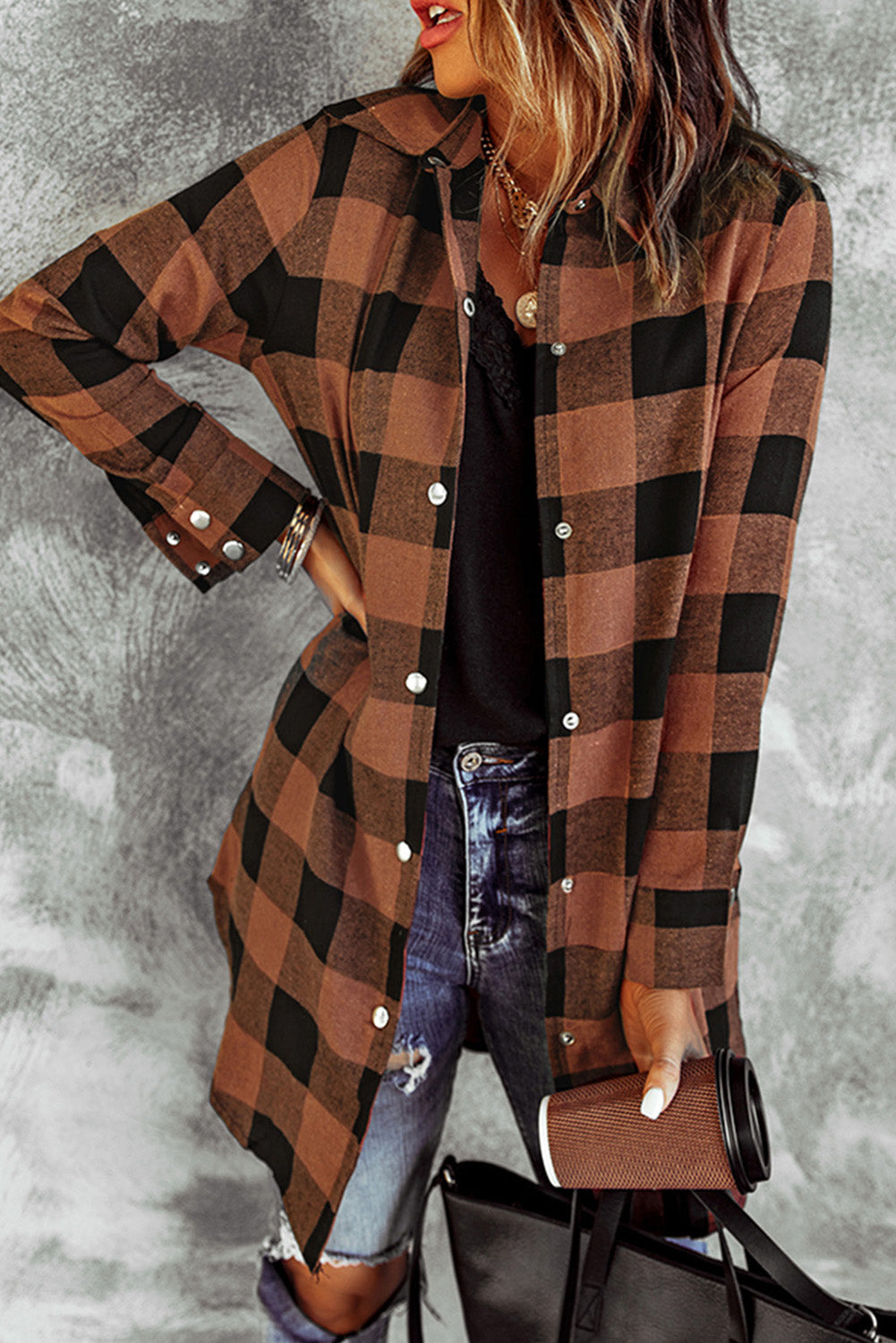 Fiery Red Turn-down Collar Plaid Shirt Coat