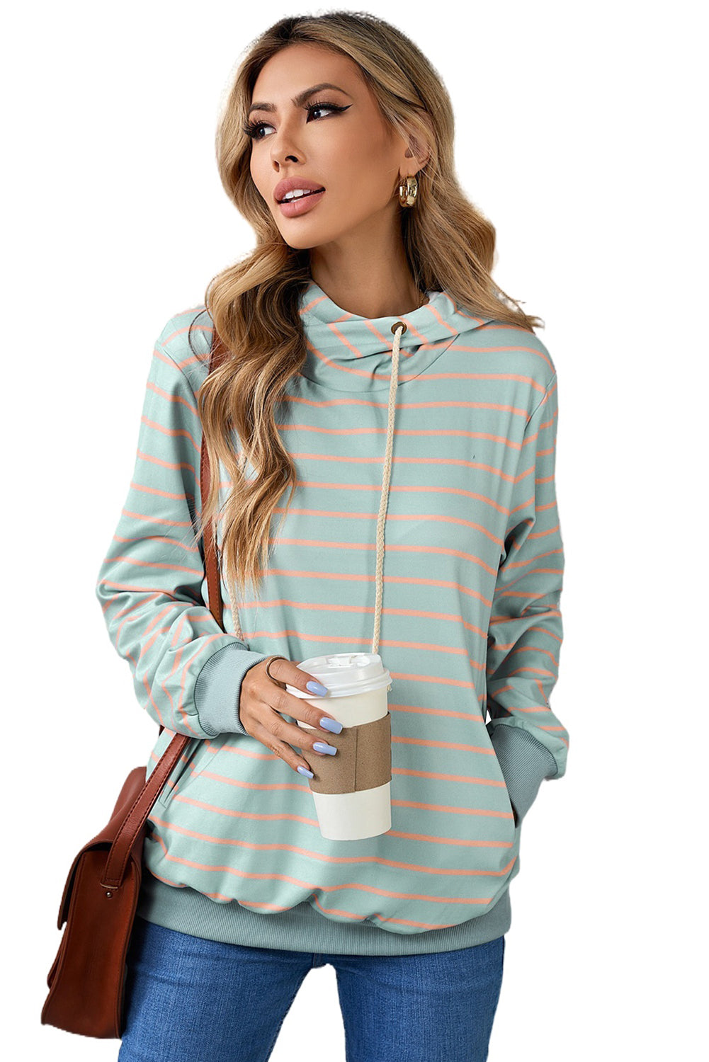 Green Striped Turtleneck Hoodie with Pocket