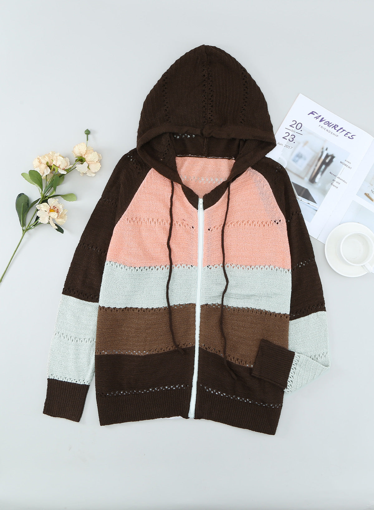 Gray Zipped Front Colorblock Hollow-out Knit Hoodie