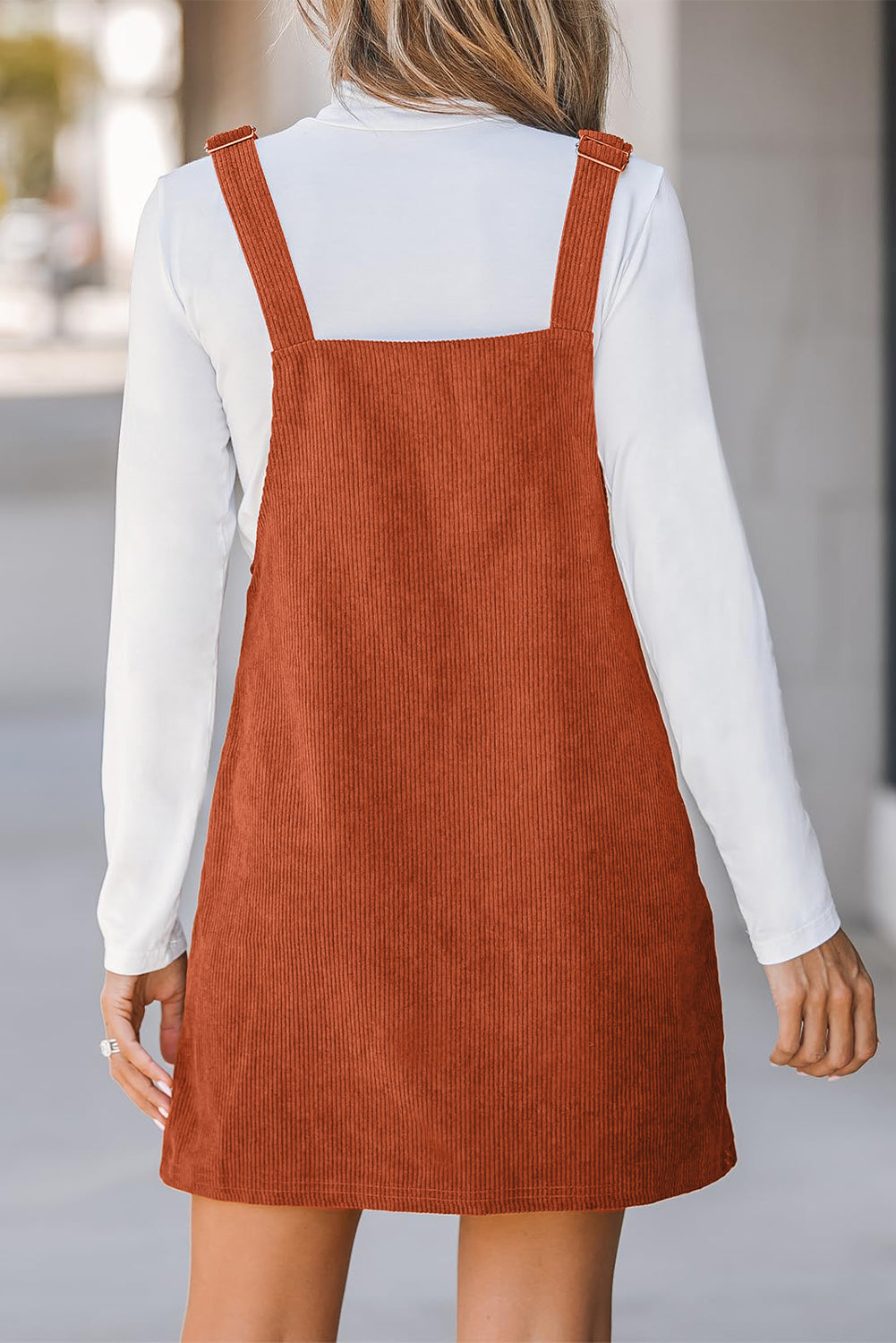 Cinnamon Solid Front Pockets Sleeveless Corduroy Overall Dress