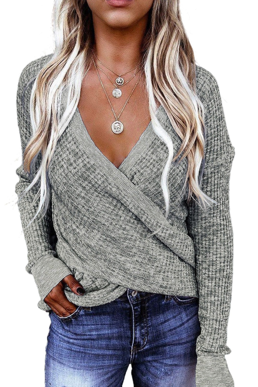 Khaki Wrap V Neck Waffle Sweater