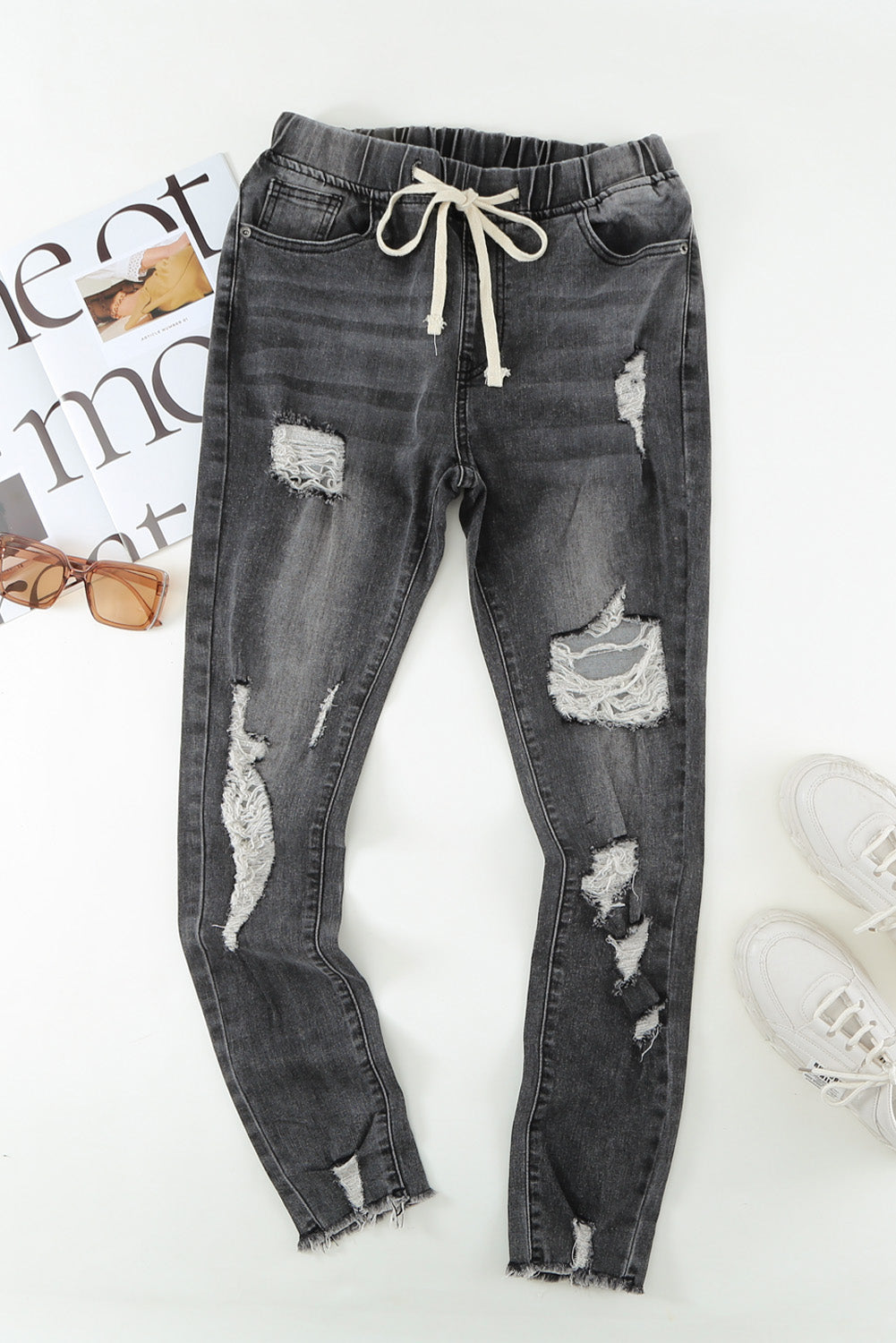 Sky Blue Drawstring Elastic Waist Hole Ripped Jeans