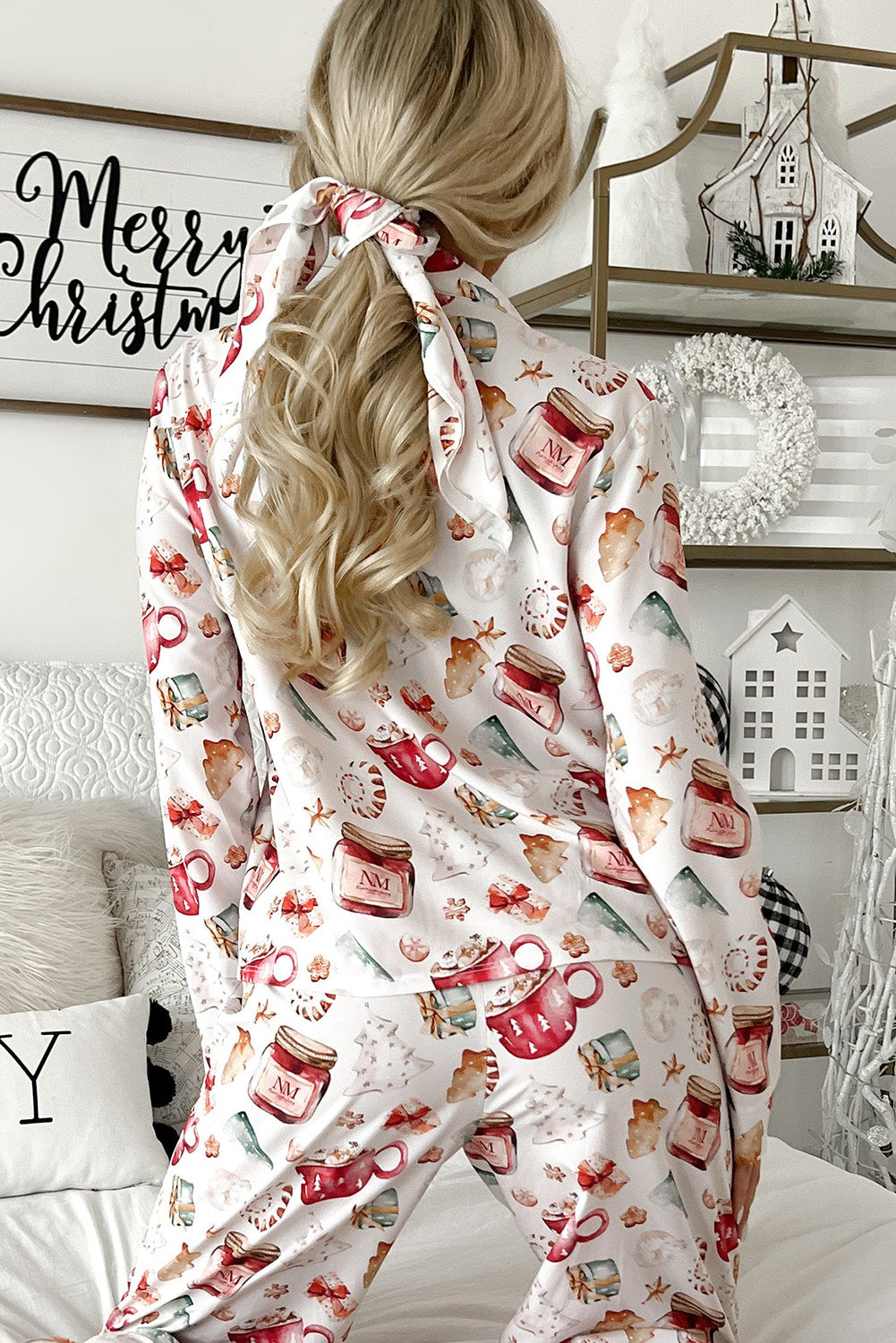 White Christmas Pattern Long Sleeve Shirt and Pants Pajama Set