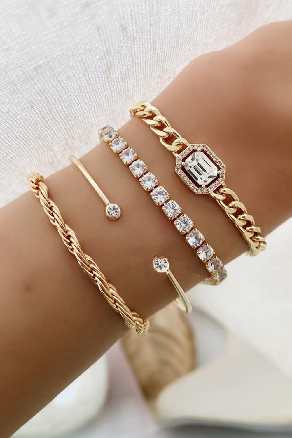 Gold 4pcs Diamond Chained Braided Bangle Bracelet Set