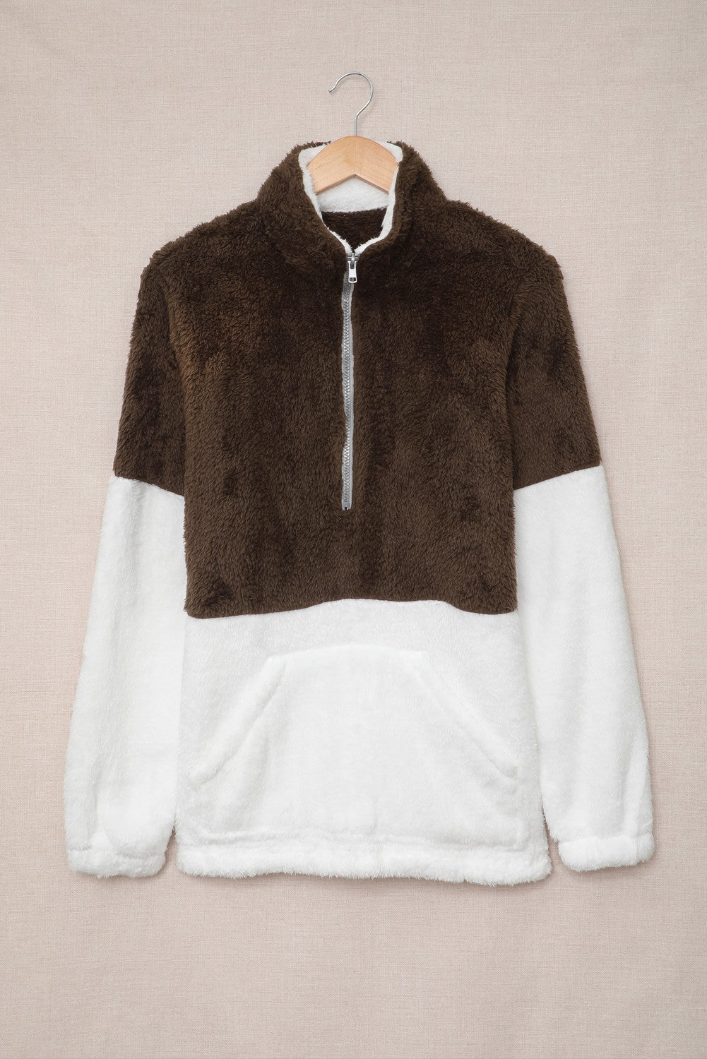 Brown Zip Neck Oversize Fluffy Fleece Pullover