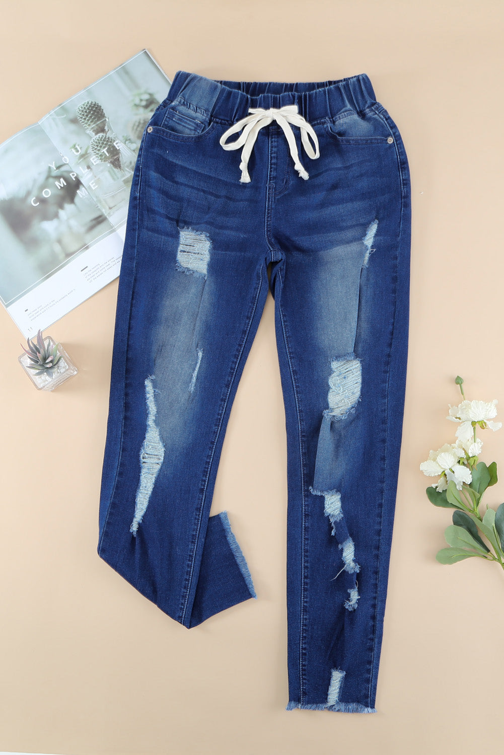 Sky Blue Drawstring Elastic Waist Hole Ripped Jeans