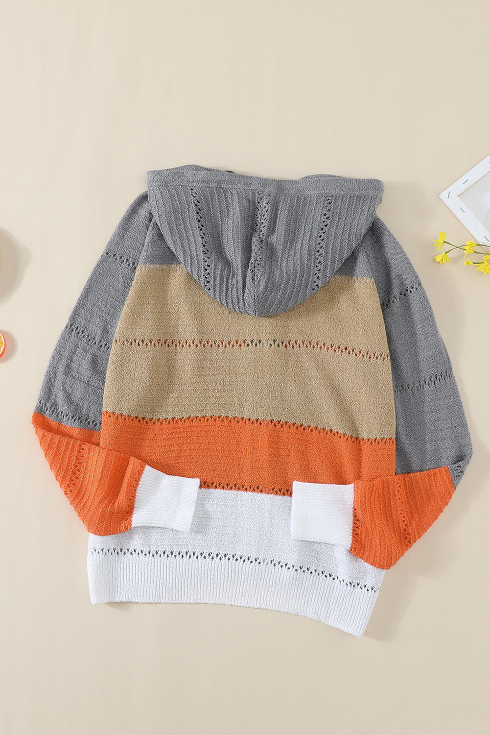 Gray Zipped Front Colorblock Hollow-out Knit Hoodie