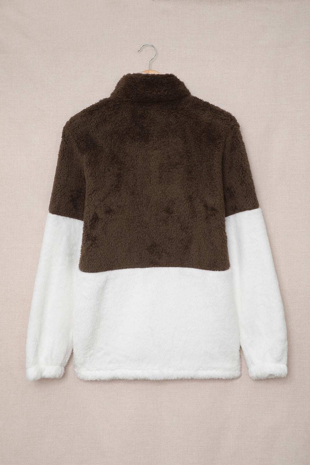 Brown Zip Neck Oversize Fluffy Fleece Pullover