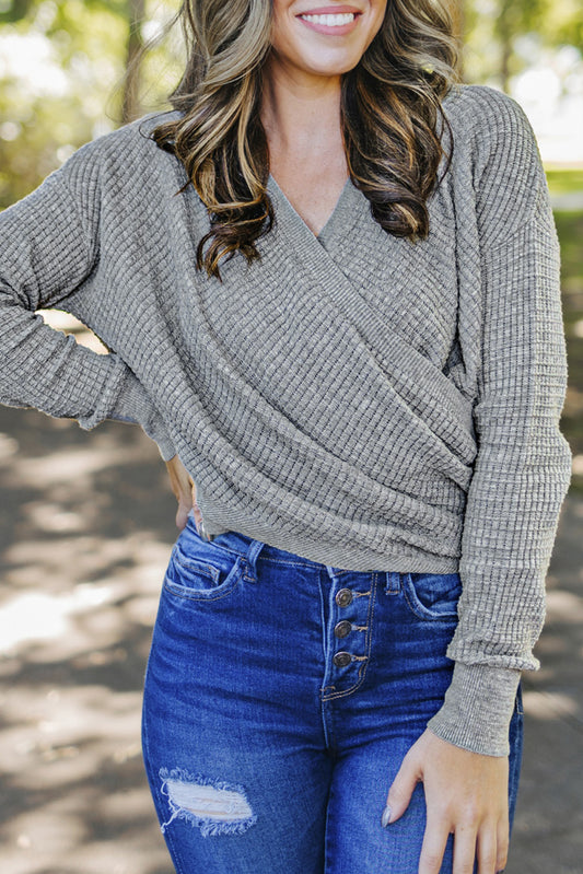 Khaki Wrap V Neck Waffle Sweater