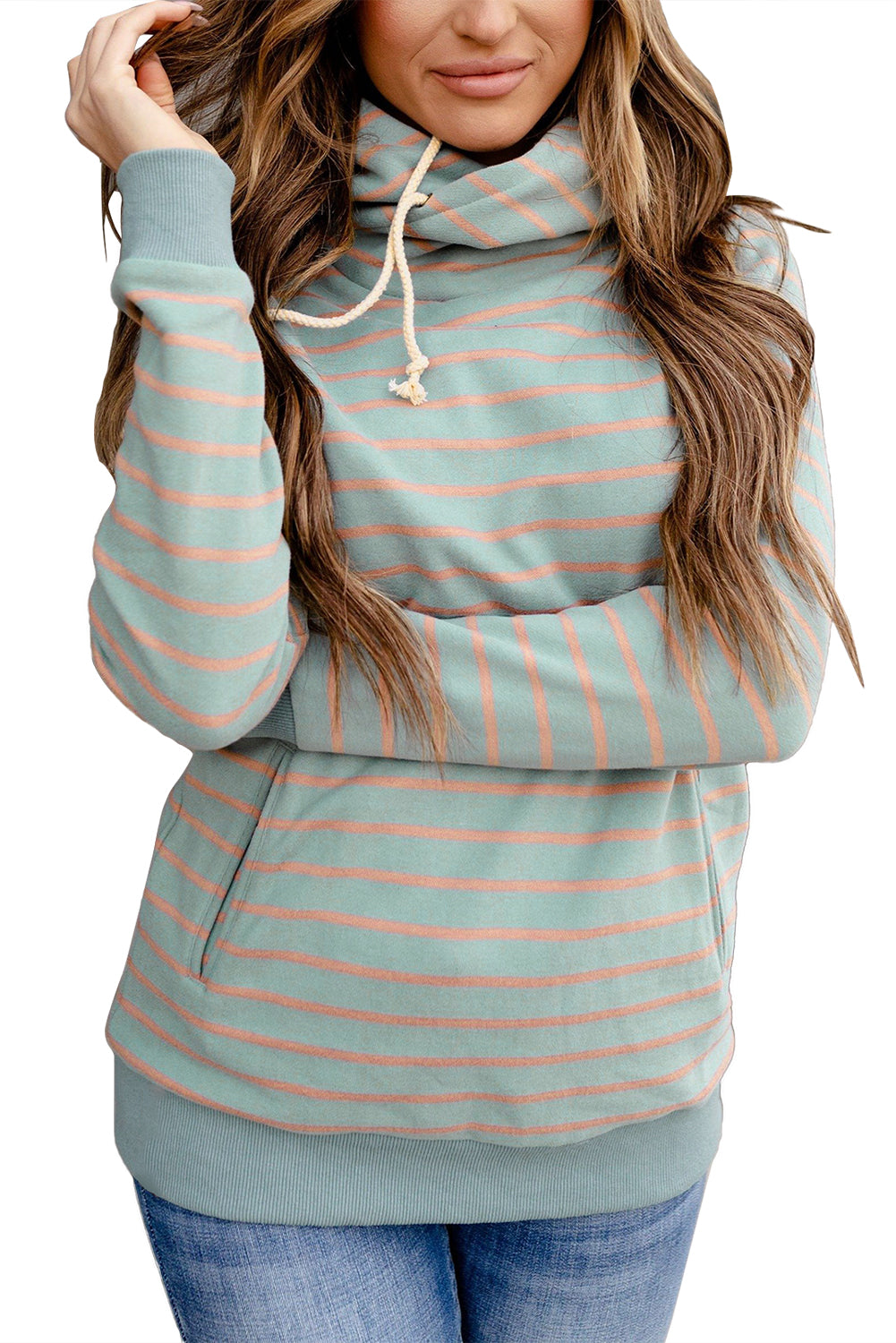 Green Striped Turtleneck Hoodie with Pocket