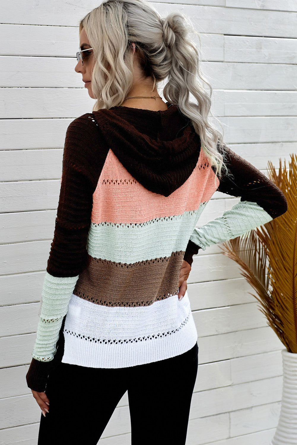 Gray Zipped Front Colorblock Hollow-out Knit Hoodie