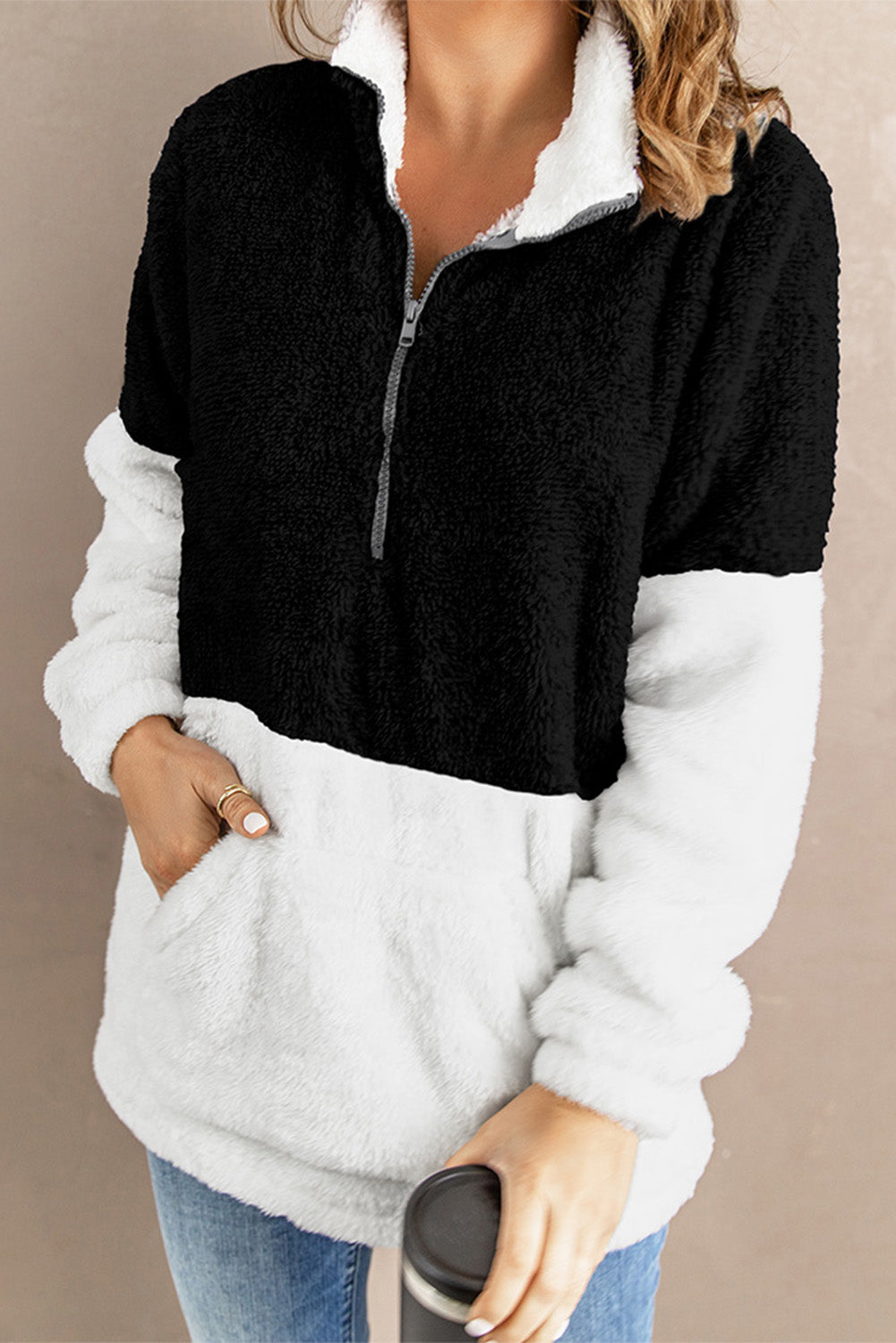 Brown Zip Neck Oversize Fluffy Fleece Pullover