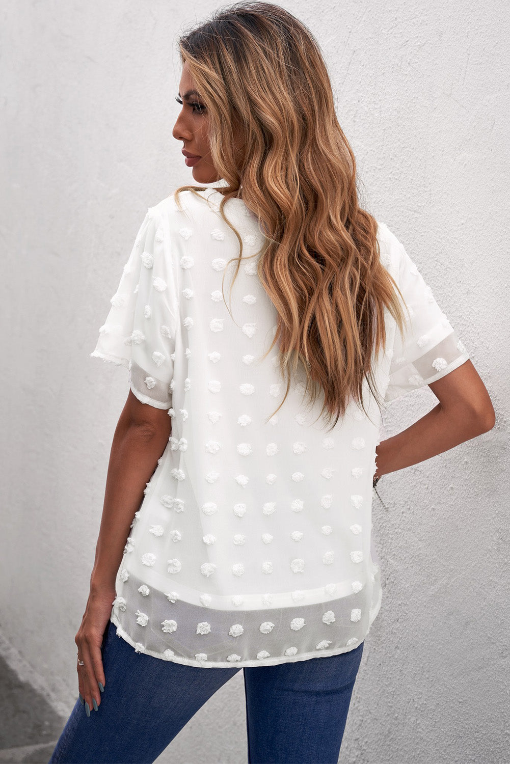 White Swiss Dot Texture Short Sleeve Top