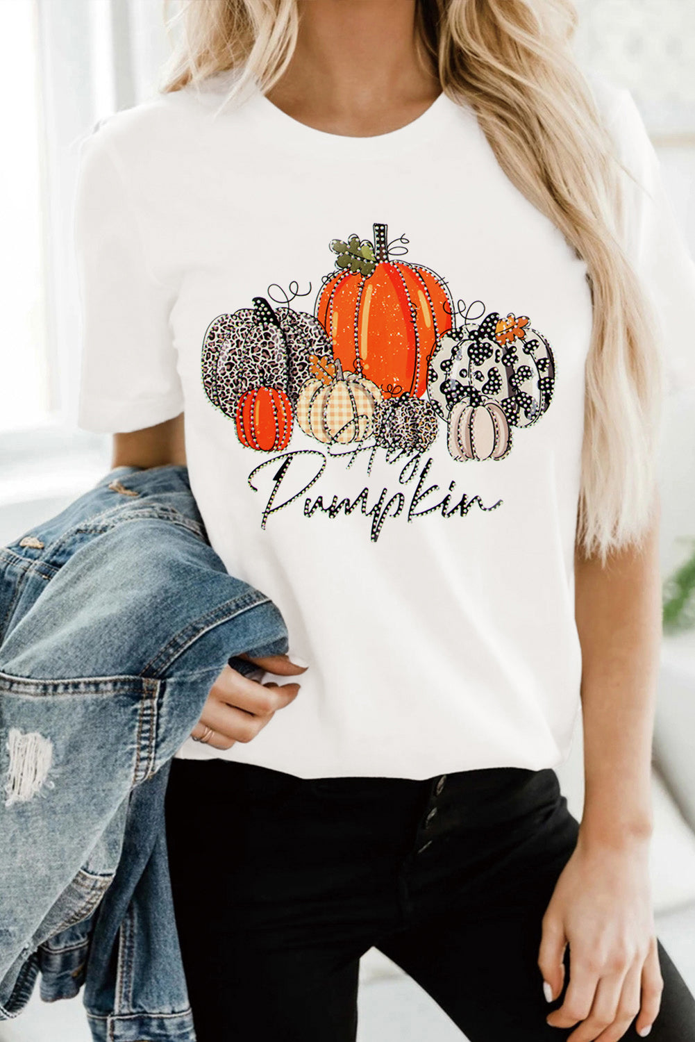 White Rhinestone Hey Pumpkin Graphic Thanksgiving Tee