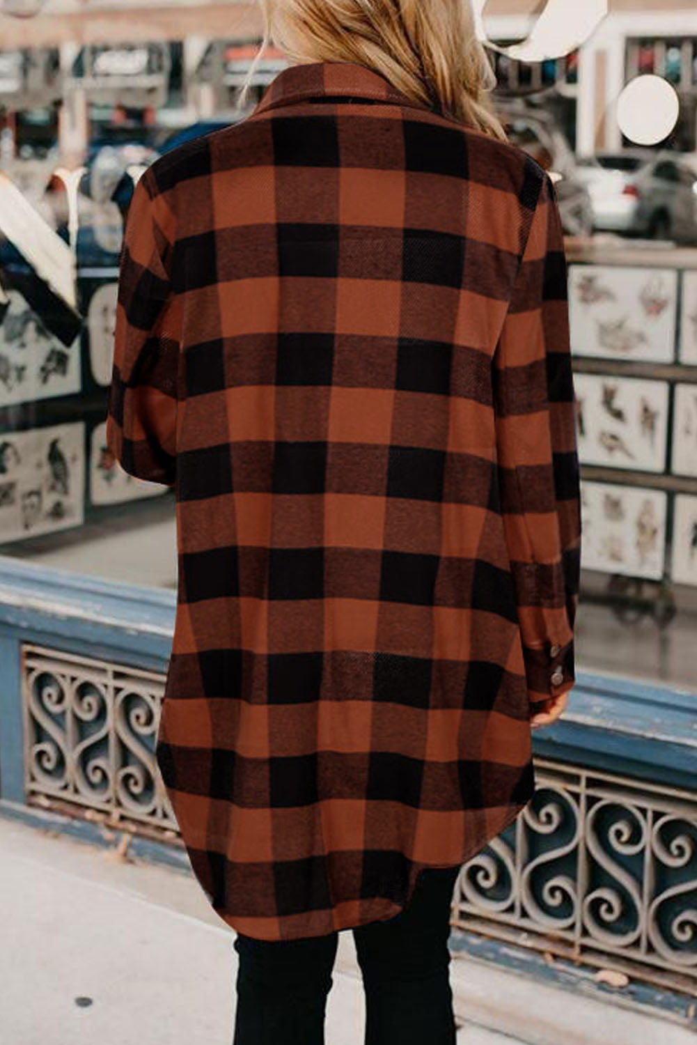 Fiery Red Turn-down Collar Plaid Shirt Coat