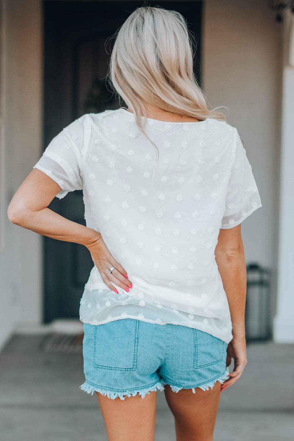 White Swiss Dot Texture Short Sleeve Top