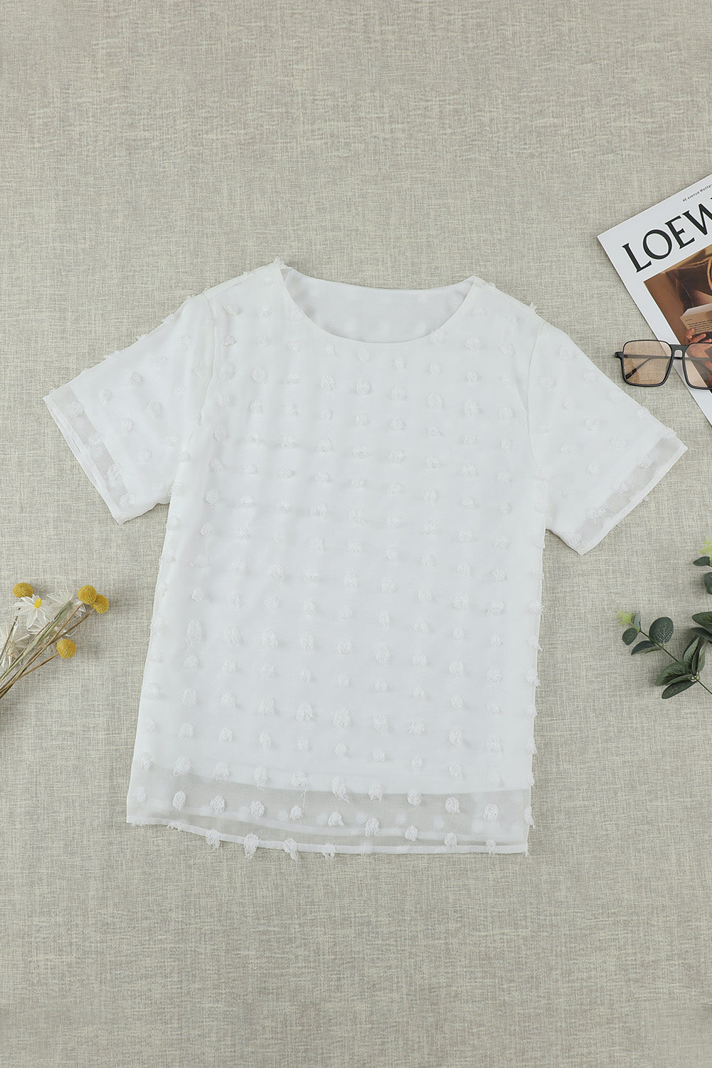 White Swiss Dot Texture Short Sleeve Top