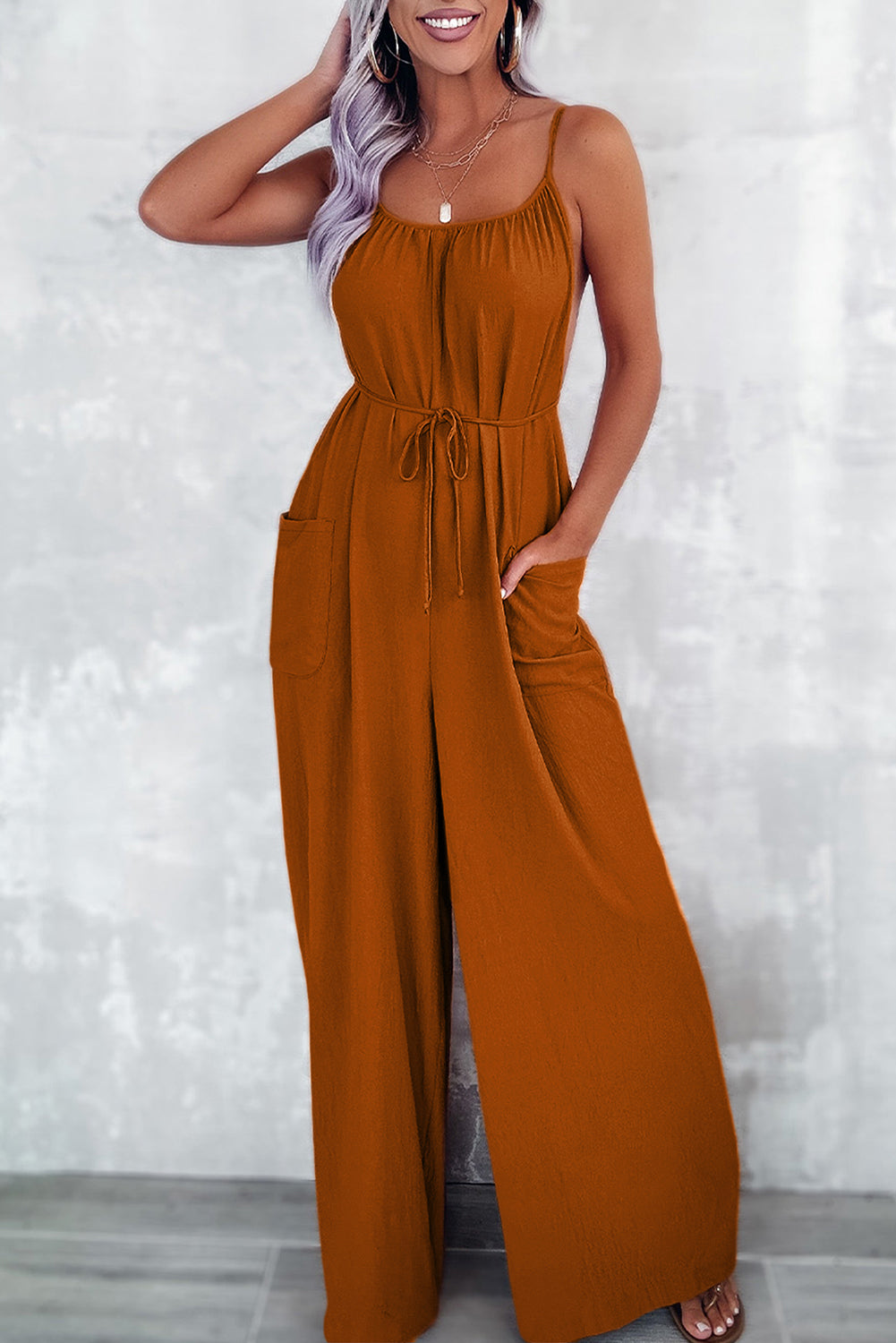 Apricot Spaghetti Straps Waist Tie Wide Leg Jumpsuit with Pockets