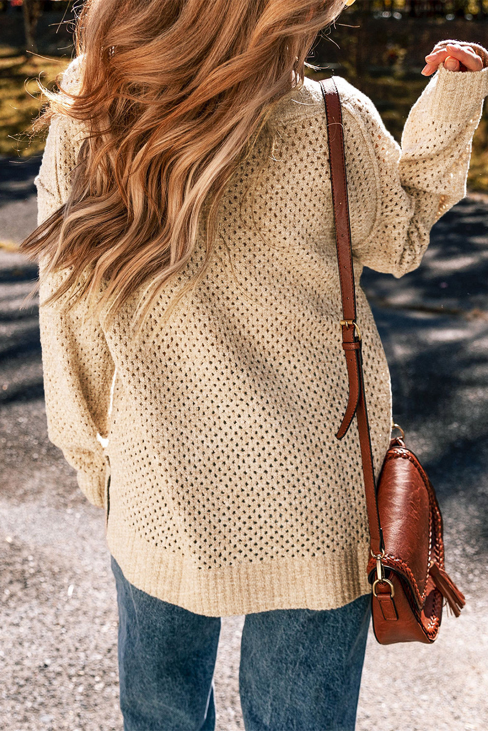 Dark Brown Loose Eyelet V Neck Drop Shoulder Sweater