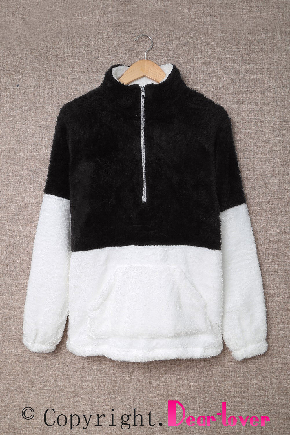 Brown Zip Neck Oversize Fluffy Fleece Pullover