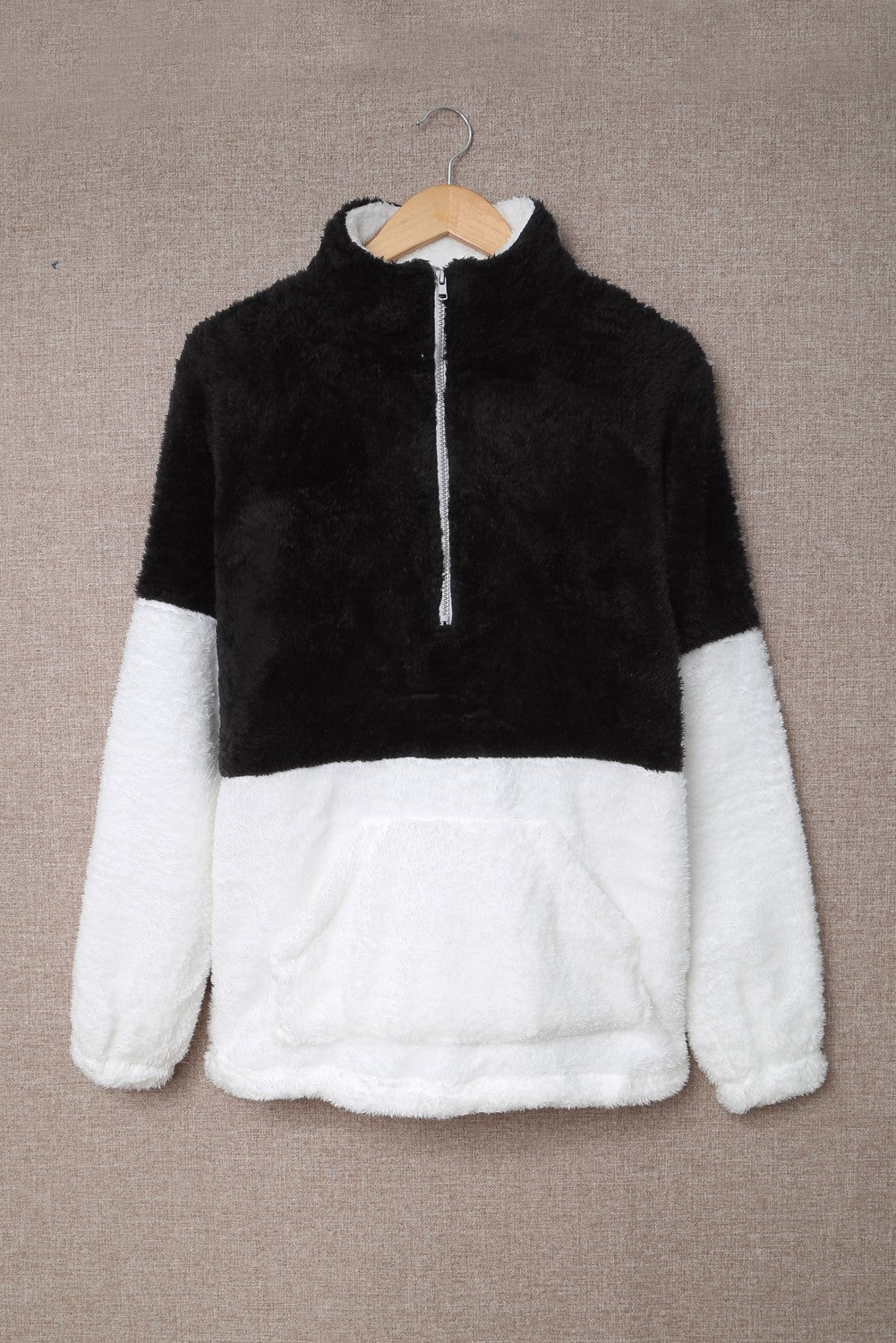 Brown Zip Neck Oversize Fluffy Fleece Pullover