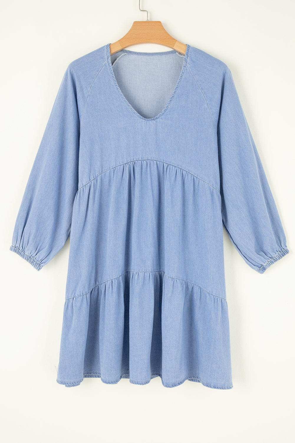 Black Puff Sleeve V Neck Tiered Ruffled Chambray Mini Dress