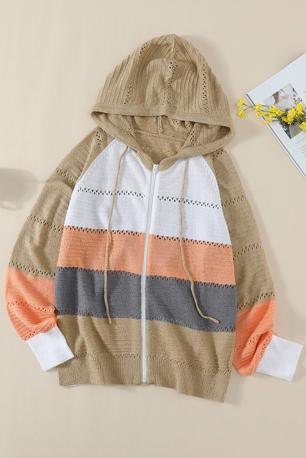 Gray Zipped Front Colorblock Hollow-out Knit Hoodie