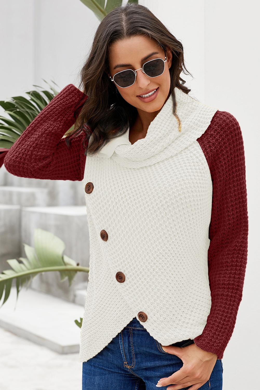 Brown Button Turtle Cowl Neck Asymmetric Hem Wrap Pullover Sweater