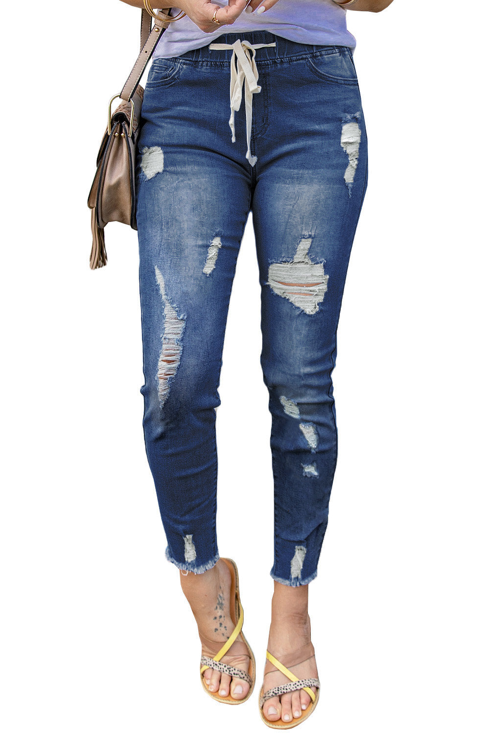 Sky Blue Drawstring Elastic Waist Hole Ripped Jeans