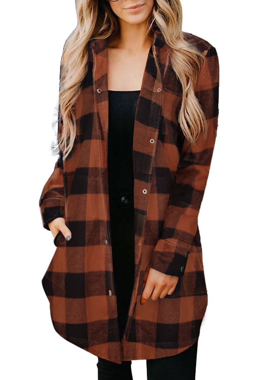 Fiery Red Turn-down Collar Plaid Shirt Coat