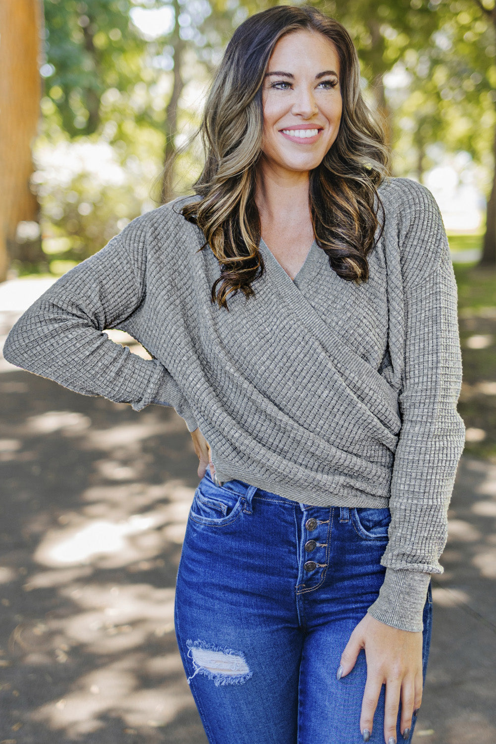 Khaki Wrap V Neck Waffle Sweater