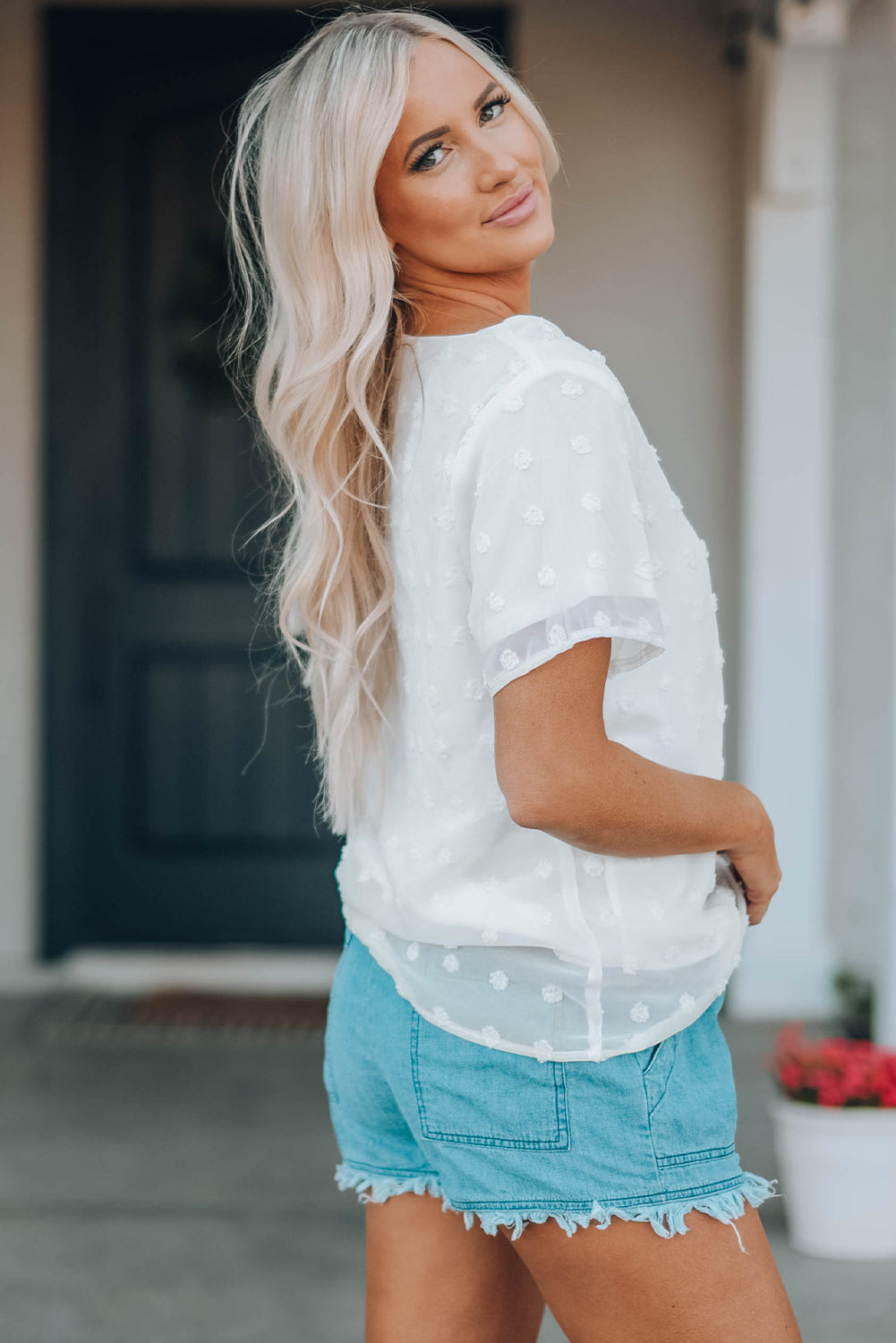 White Swiss Dot Texture Short Sleeve Top