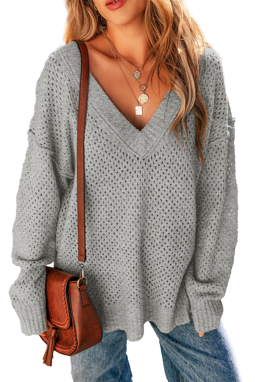 Dark Brown Loose Eyelet V Neck Drop Shoulder Sweater